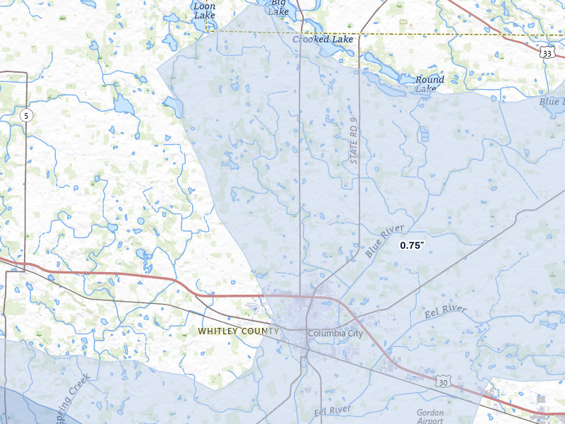 NEXRAD radar-signature map of the hail over Columbia City, IN
