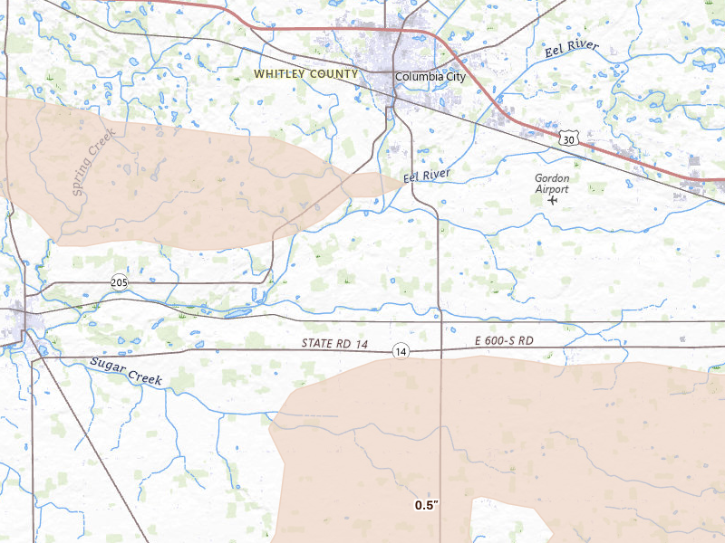 Radar-estimated hail-size map of the storm over Columbia City, IN on Aug 10, 2026
