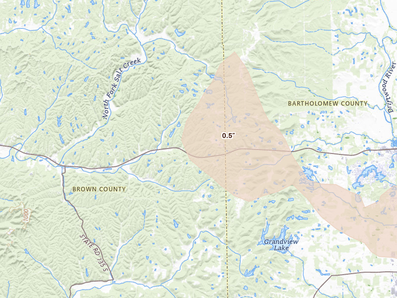 Radar-estimated hail-size map of the storm over Columbus, IN on Jul 27, 2026
