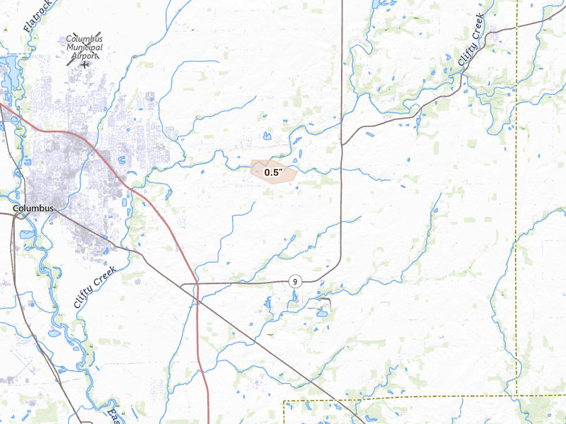 Radar-estimated hail-size map of the storm over Columbus, IN on Aug 12, 2026