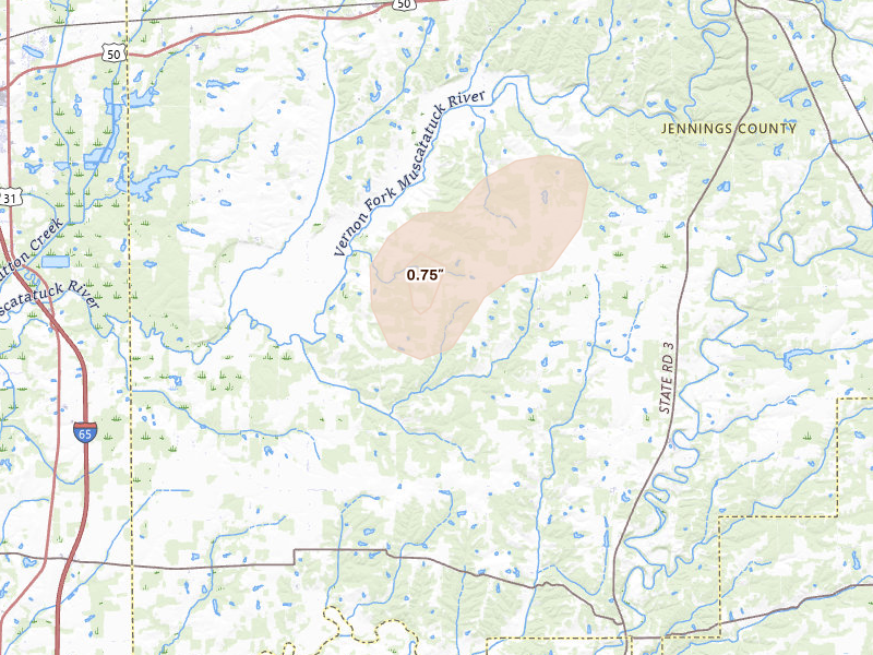 Radar-estimated hail-size map of the storm over Commiskey, IN on May 19, 2026