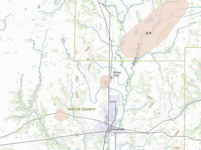 Radar-estimated hail-size map of the storm over Connersville, IN on May 19, 2026