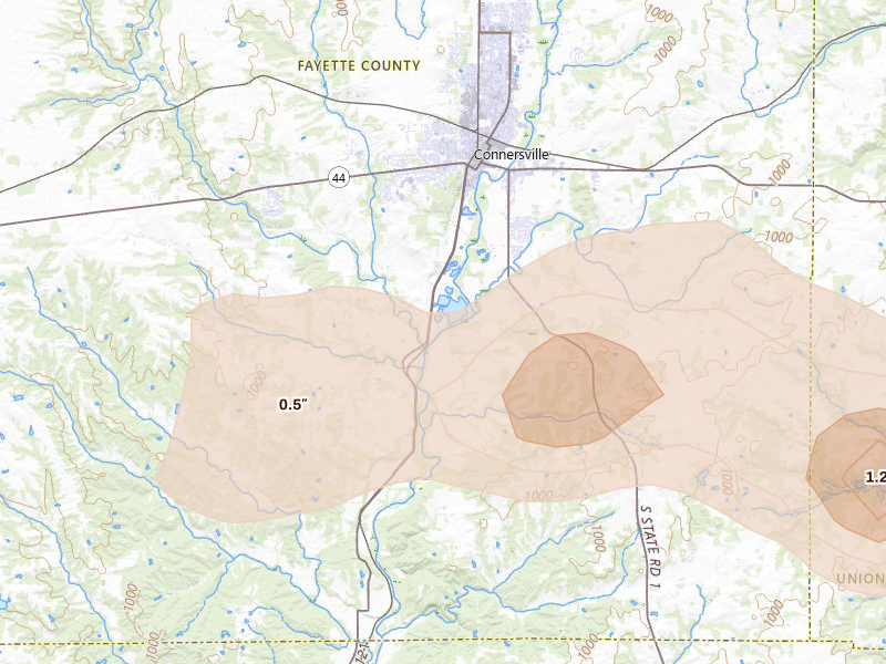 Radar-estimated hail-size map of the storm over Connersville, IN on Aug 7, 2026