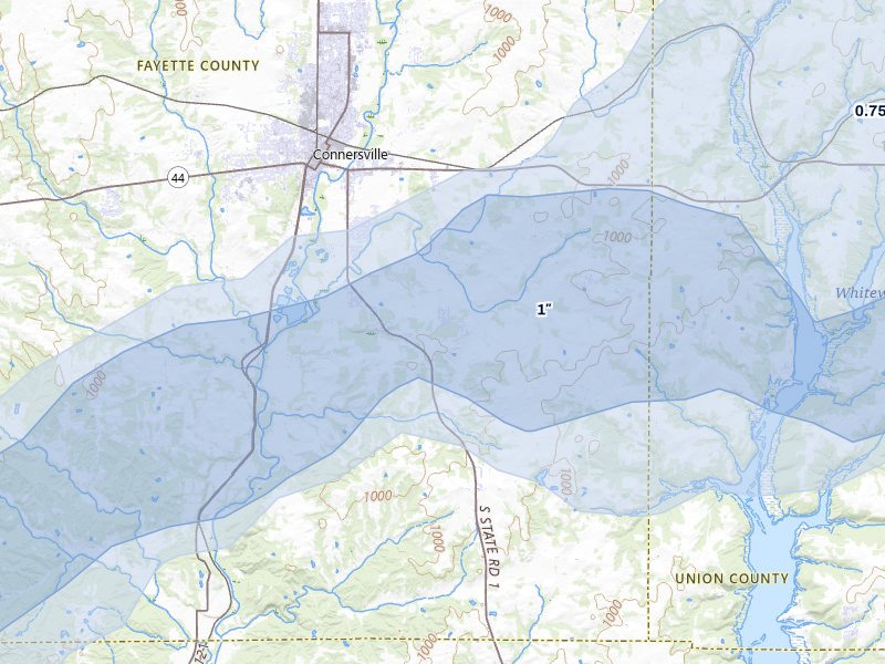 NEXRAD radar-signature map of the hail storm over Connersville, IN on Aug 7, 2026