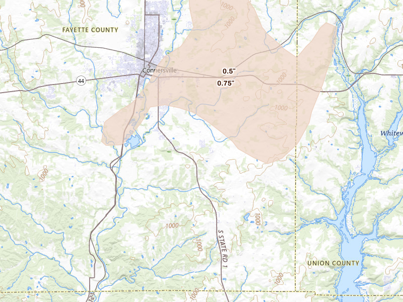 Radar-estimated hail-size map of the storm over Connersville, IN on Aug 11, 2026