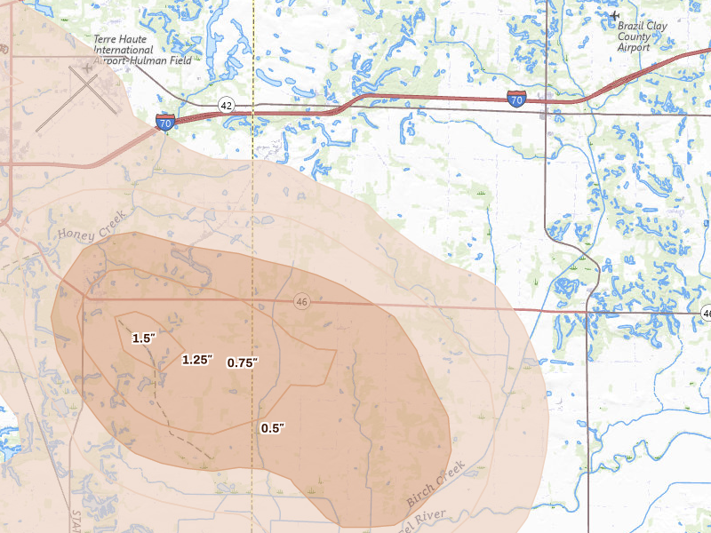 Radar-estimated hail-size map of the storm over Cory, IN on Aug 11, 2026