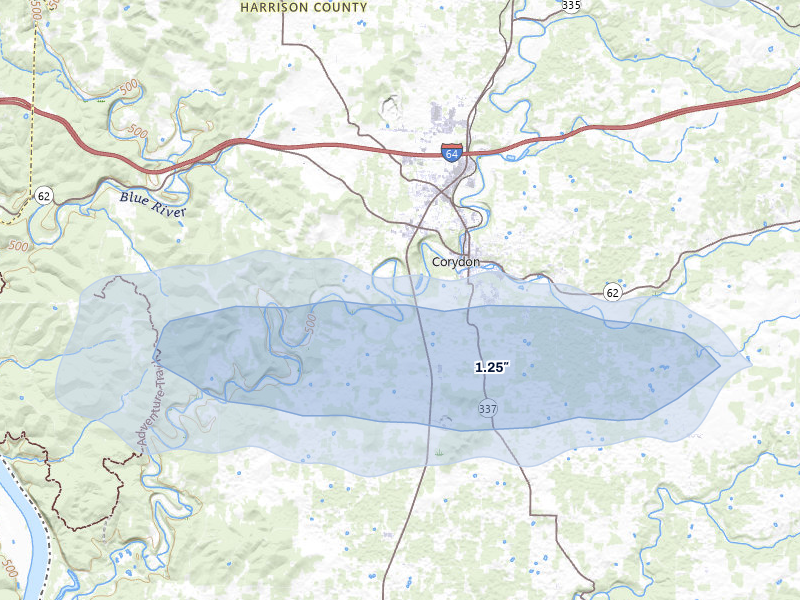 NEXRAD radar-signature map of the hail over Corydon, IN