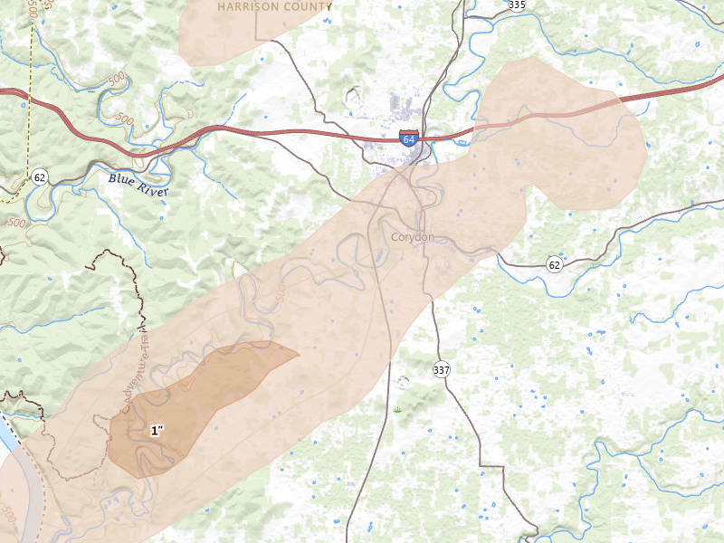 Radar-estimated hail-size map of the storm over Corydon, IN on May 16, 2026