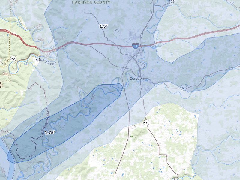 NEXRAD radar-signature map of the hail over Corydon, IN