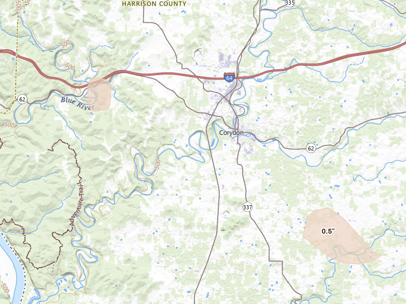 Radar-estimated hail-size map of the storm over Corydon, IN on Aug 11, 2026