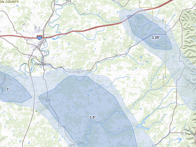 NEXRAD radar-signature map of the hail storm over Corydon, IN on Aug 11, 2026