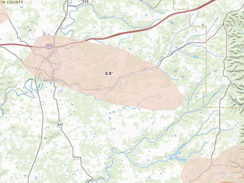 Radar-estimated hail-size map of the storm over Corydon, IN on Aug 16, 2026