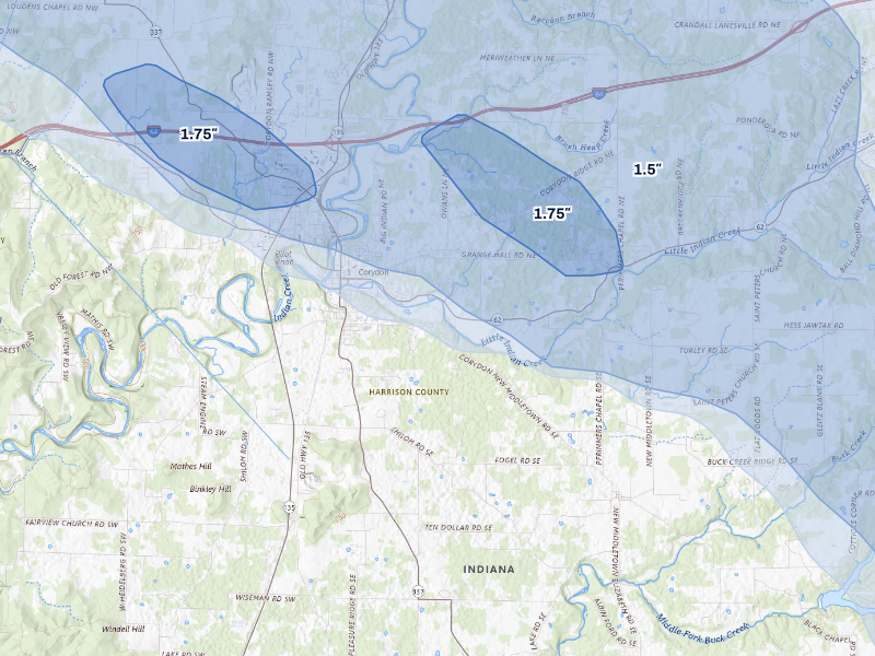 NEXRAD radar-signature map of the hail storm over Corydon, IN on Aug 16, 2026