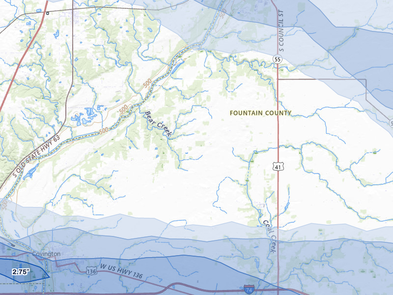 NEXRAD radar-signature map of the hail over Covington, IN