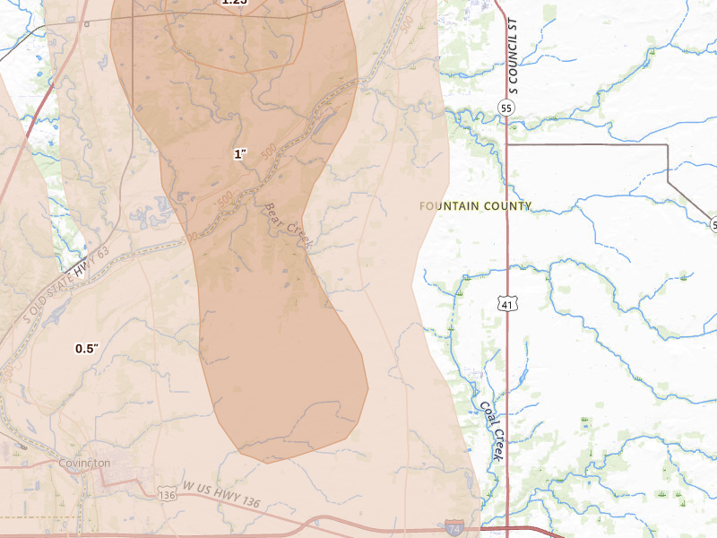 Radar-estimated hail-size map of the storm over Covington, IN on Jul 27, 2026