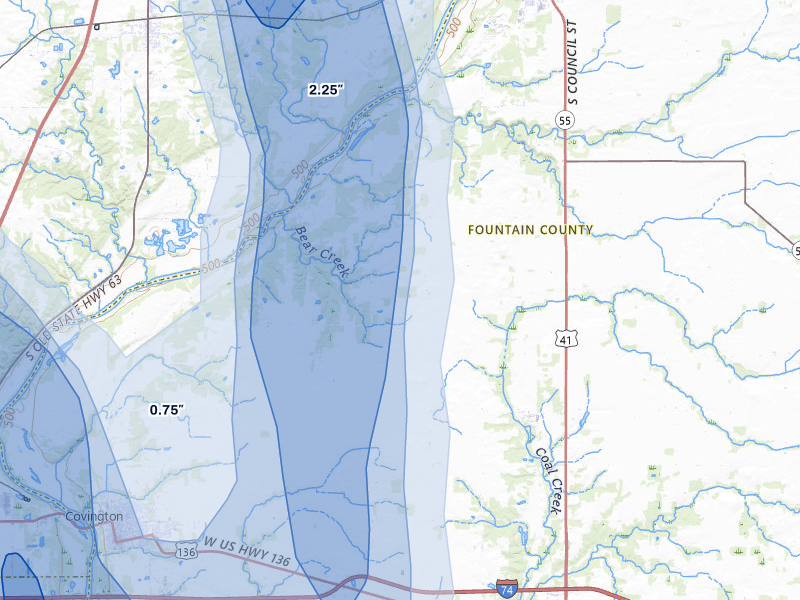 NEXRAD radar-signature map of the hail storm over Covington, IN on Jul 27, 2026