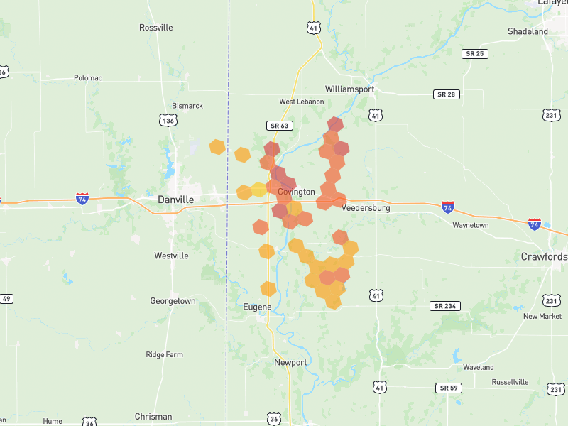 Hail map of Covington, IN on Jul 28, 2026, hail up to 2.5"