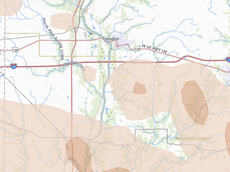 Radar-estimated hail-size map of the storm over Covington, IN on Aug 11, 2026