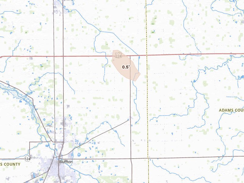 Radar-estimated hail-size map of the storm over Craigville, IN on Sep 5, 2026