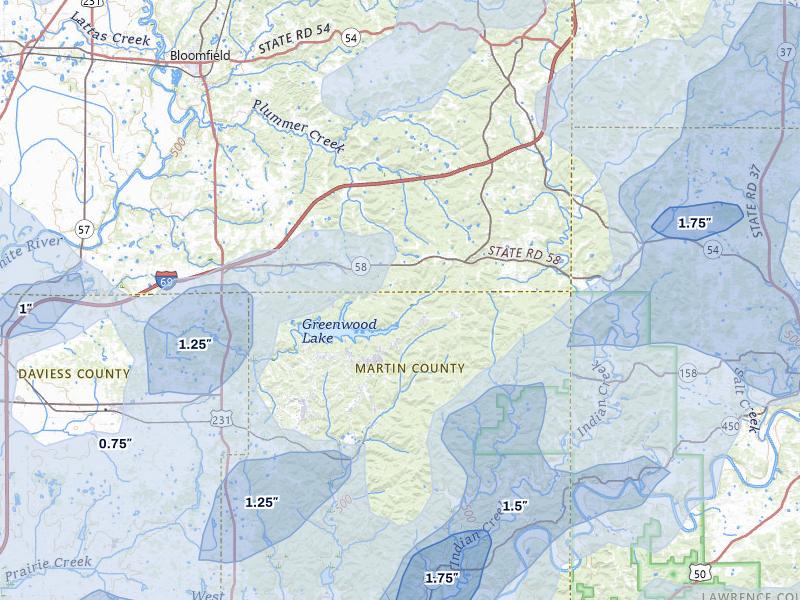 NEXRAD radar-signature map of the hail over Crane, IN