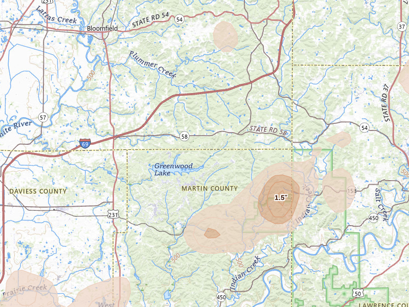 Radar-estimated hail-size map of the storm over Crane, IN on Jul 3, 2026