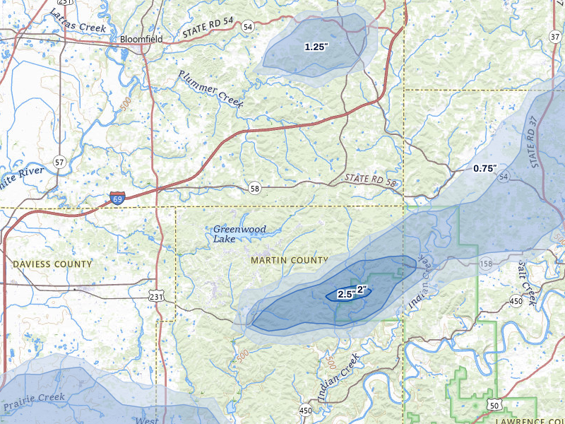 NEXRAD radar-signature map of the hail storm over Crane, IN on Jul 3, 2026