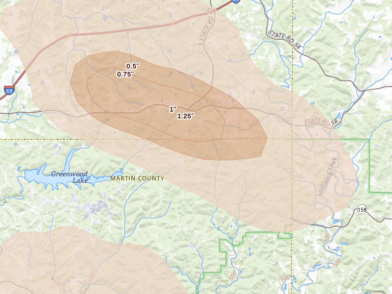 Radar-estimated hail-size map of the storm over Crane, IN on Aug 26, 2026