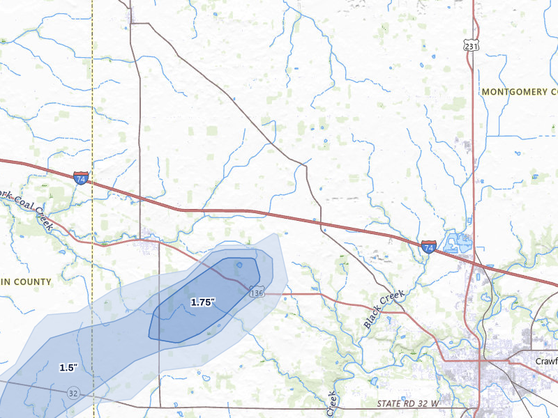 NEXRAD radar-signature map of the hail storm over Crawfordsville, IN on Jan 8, 2026