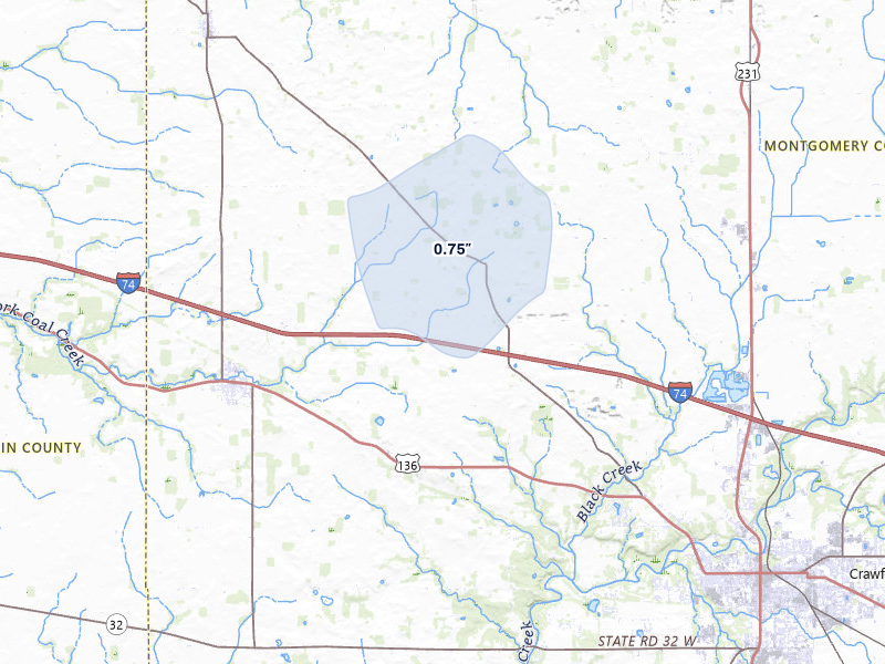 NEXRAD radar-signature map of the hail storm over Crawfordsville, IN on Mar 22, 2026