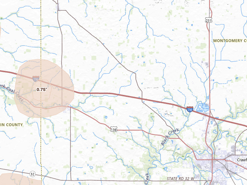 Radar-estimated hail-size map of the storm over Crawfordsville, IN on Jun 6, 2026