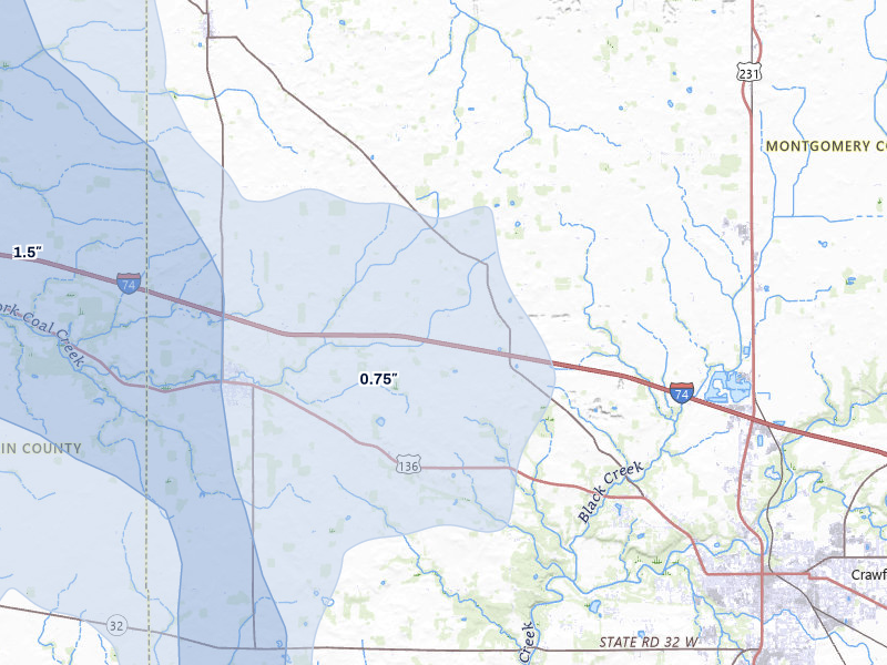 NEXRAD radar-signature map of the hail storm over Crawfordsville, IN on Jun 6, 2026