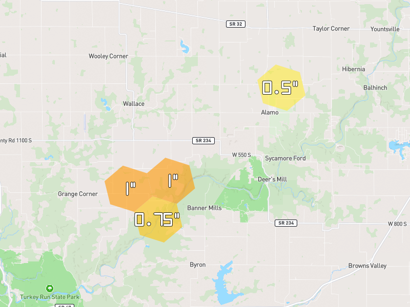 Hail map of Crawfordsville, IN on Jul 4, 2026, hail up to 1"