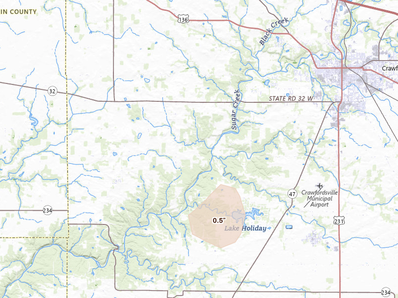 Radar-estimated hail-size map of the storm over Crawfordsville, IN on Jul 18, 2026