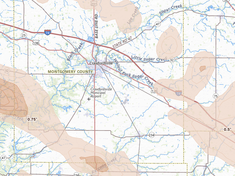 Radar-estimated hail-size map of the storm over Crawfordsville, IN on Aug 11, 2026