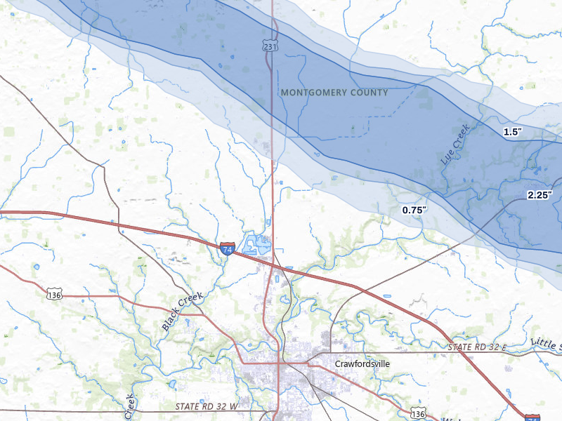 NEXRAD radar-signature map of the hail storm over Crawfordsville, IN on Aug 11, 2026