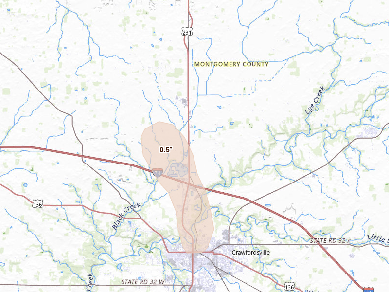 Radar-estimated hail-size map of the storm over Crawfordsville, IN