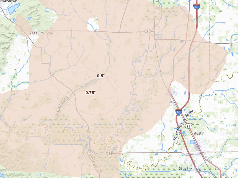 Radar-estimated hail-size map of the storm over Crothersville, IN on Apr 27, 2026
