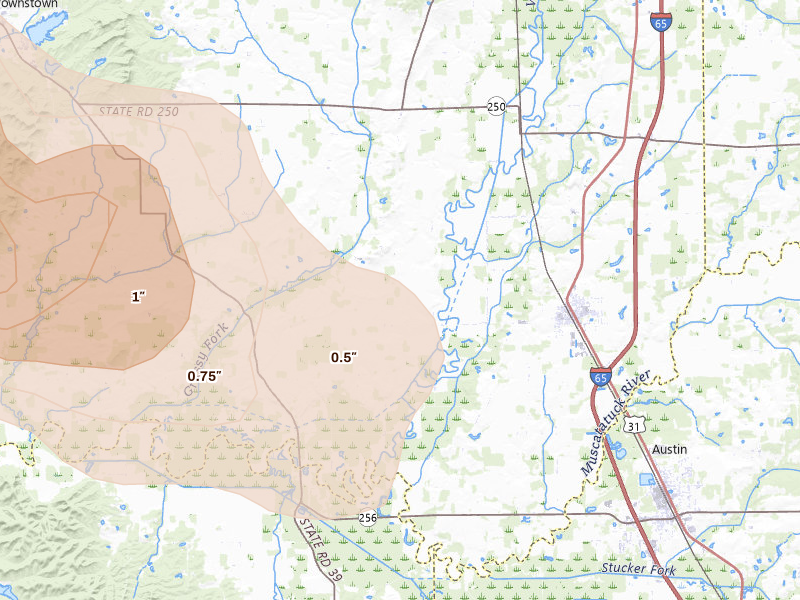 Radar-estimated hail-size map of the storm over Crothersville, IN on Jul 21, 2026