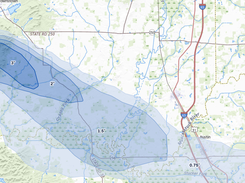 NEXRAD radar-signature map of the hail over Crothersville, IN