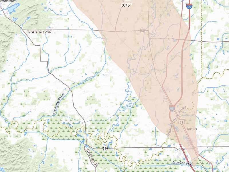 Radar-estimated hail-size map of the storm over Crothersville, IN on Jul 27, 2026