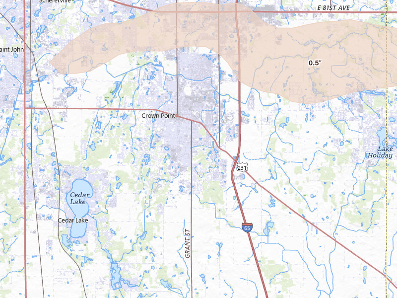 Radar-estimated hail-size map of the storm over Crown Point, IN on Mar 31, 2026