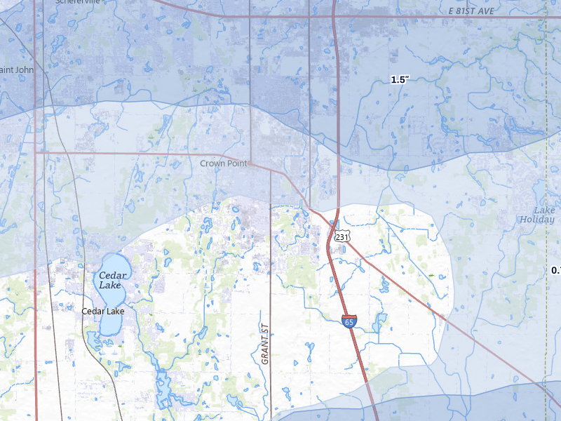 NEXRAD radar-signature map of the hail over Crown Point, IN