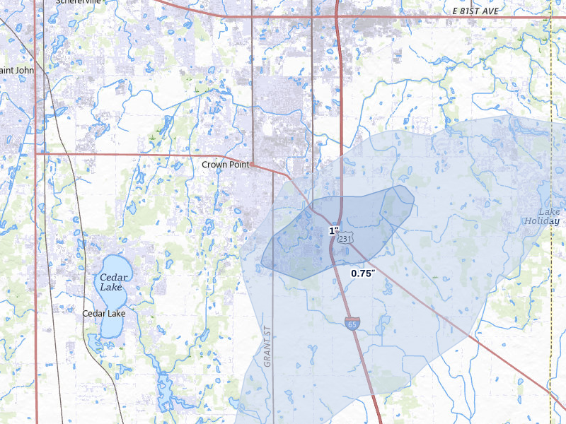 NEXRAD radar-signature map of the hail over Crown Point, IN