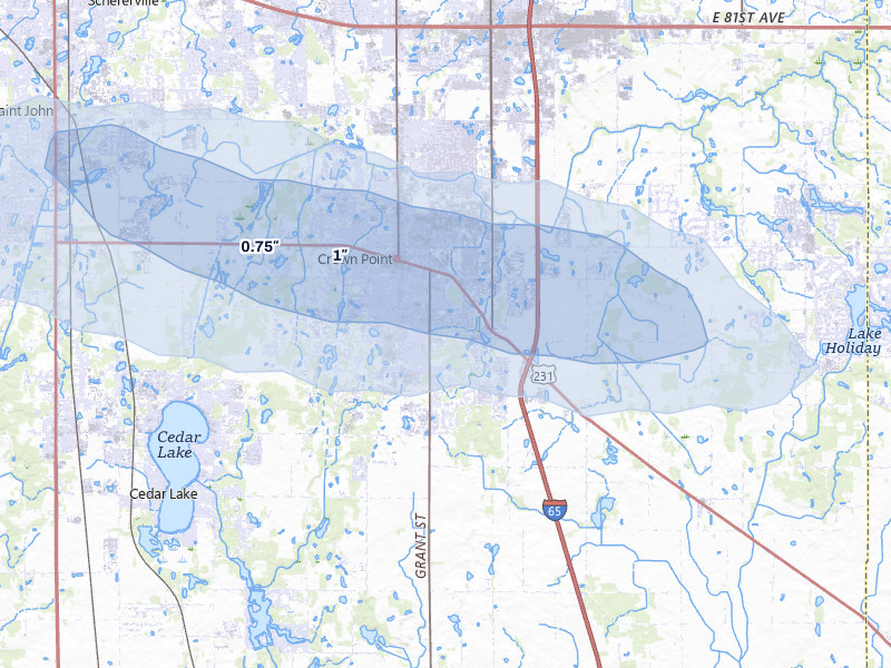 NEXRAD radar-signature map of the hail storm over Crown Point, IN on Jun 5, 2026