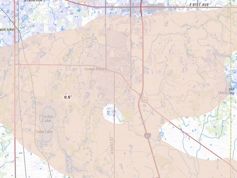 Radar-estimated hail-size map of the storm over Crown Point, IN on Aug 11, 2026