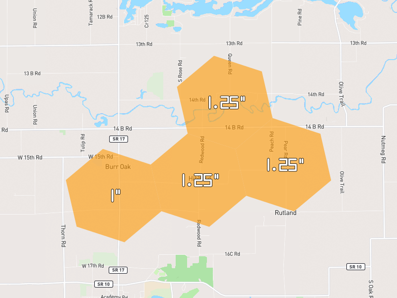 Hail map of Culver, IN on Jul 10, 2026, hail up to 1.25"