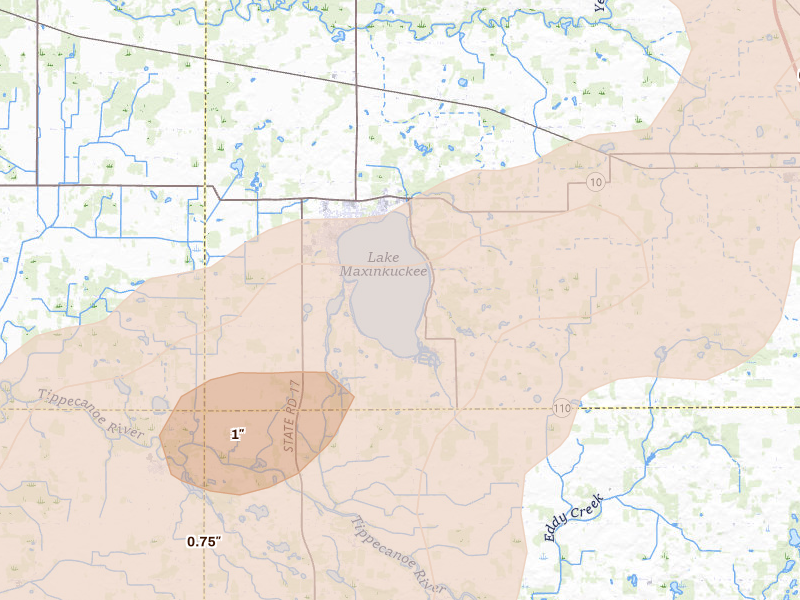 Radar-estimated hail-size map of the storm over Culver, IN on Aug 10, 2026