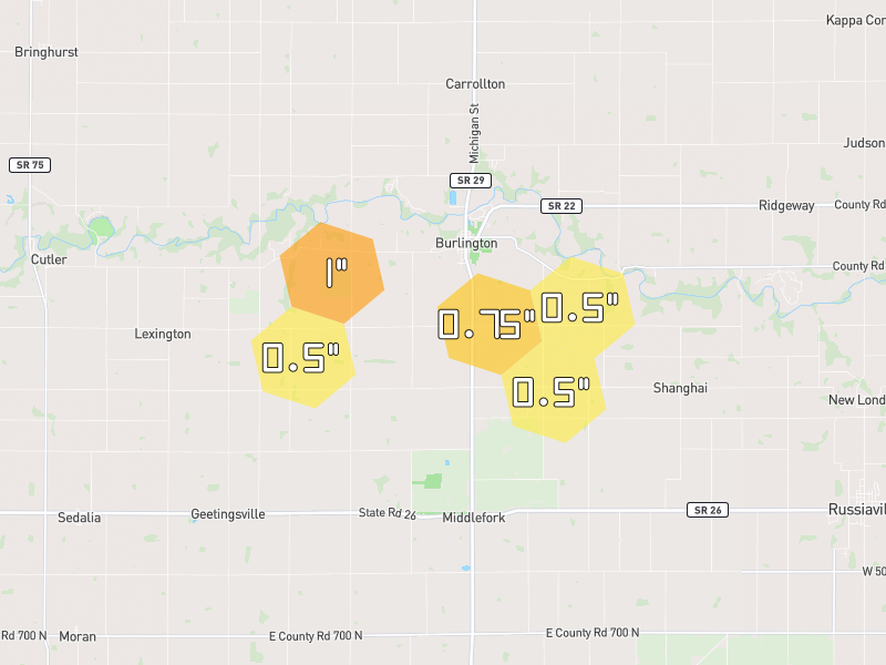 Hail map of Cutler, IN on Jun 6, 2026, hail up to 1"