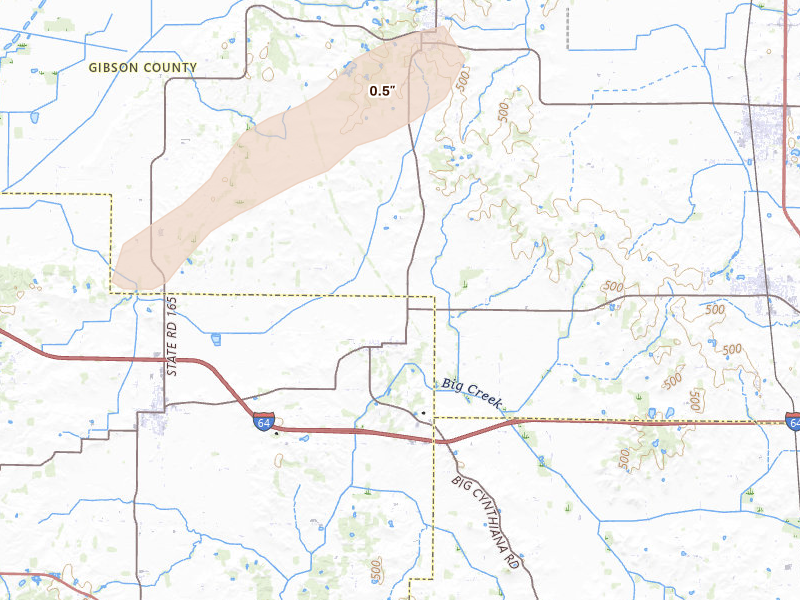 Radar-estimated hail-size map of the storm over Cynthiana, IN on May 18, 2026