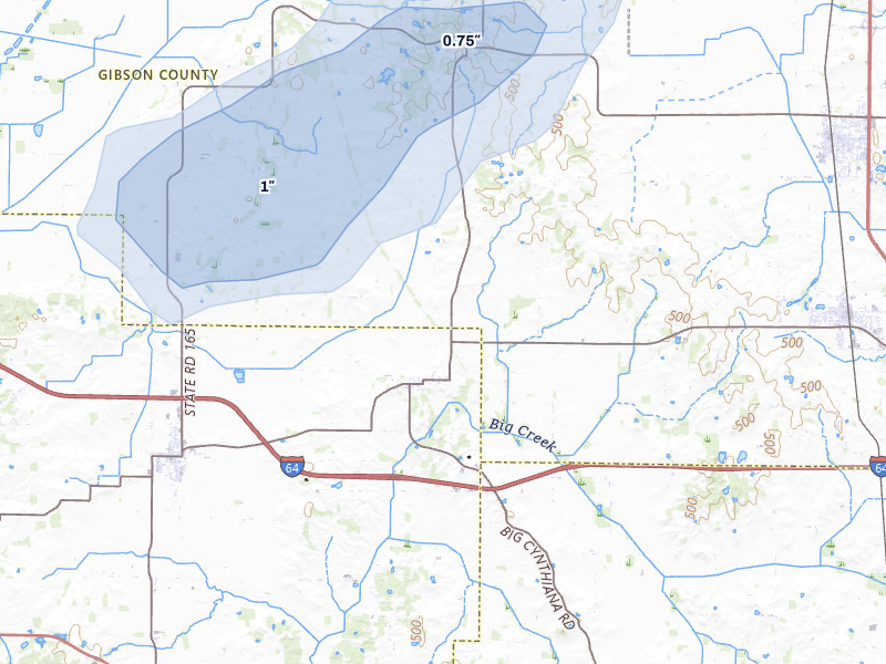 NEXRAD radar-signature map of the hail storm over Cynthiana, IN on May 18, 2026
